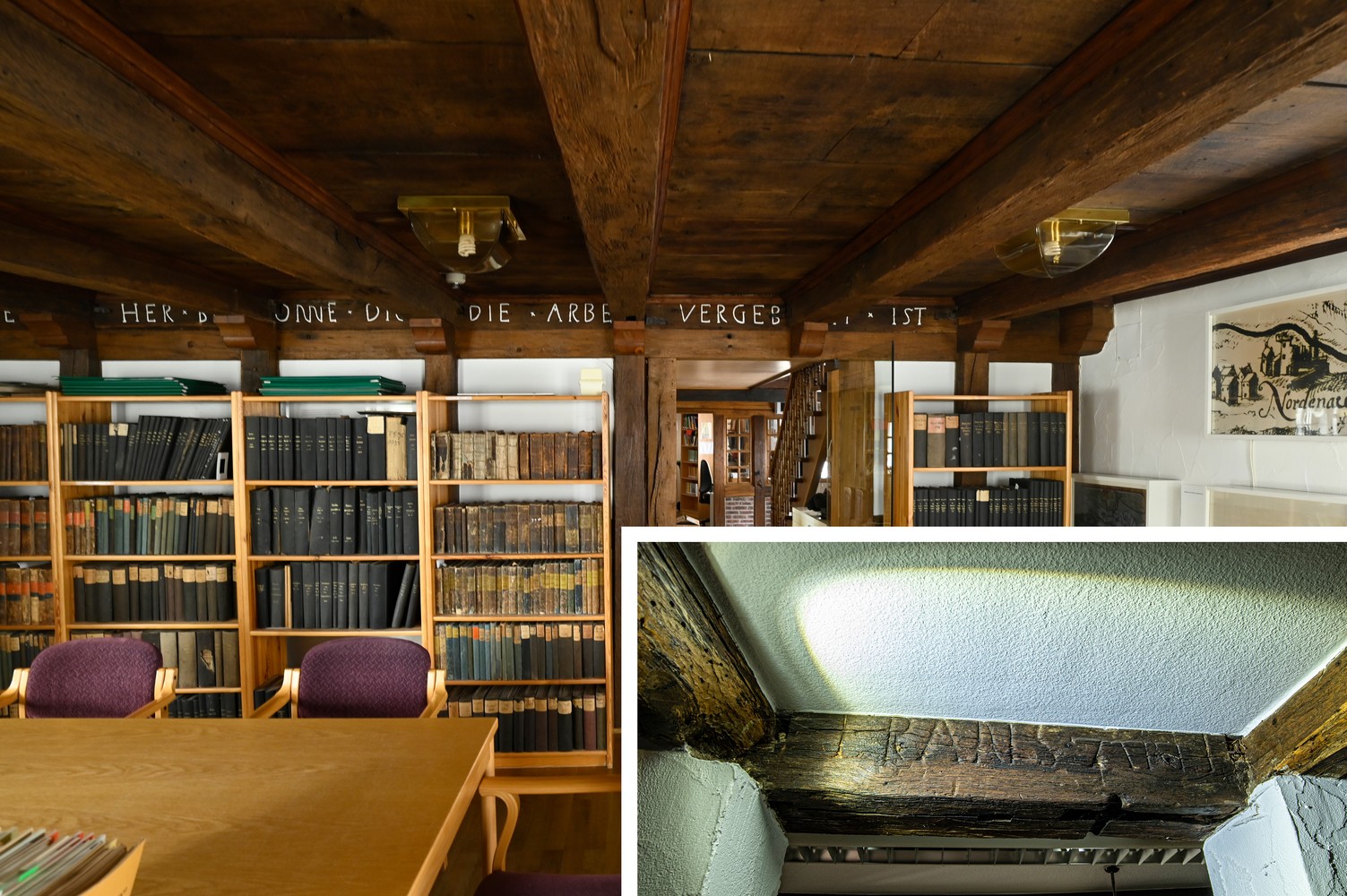 Inschriftenbänder im Erdgeschoss (großes Foto) und Obergeschoss (kleines Foto)